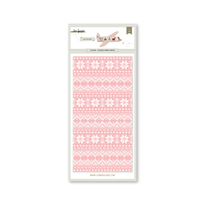 Cartelas de autocolantes com padrões brancos sobre fundo rosa em embalagem branca.