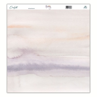 Papel de scrapbook com padrão aquarela em tons neutros e etiqueta superior com texto e código de barras