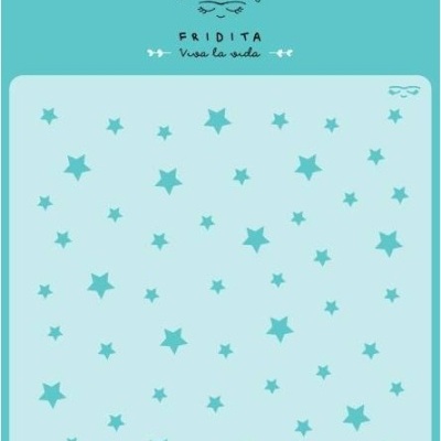 Stencil quadrado azul claro com estrelas e texto de referência e tamanho no topo.