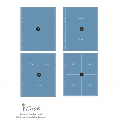 Folhas de plástico transparentes com bolsos para fotos ou documentos, em vários tamanhos.