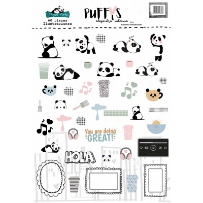 Folha de autocolantes com pandas e elementos decorativos coloridos.