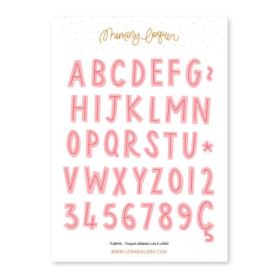 Poster com alfabeto e números em rosa claro, com texto 'Memory letter' e informações no rodapé.