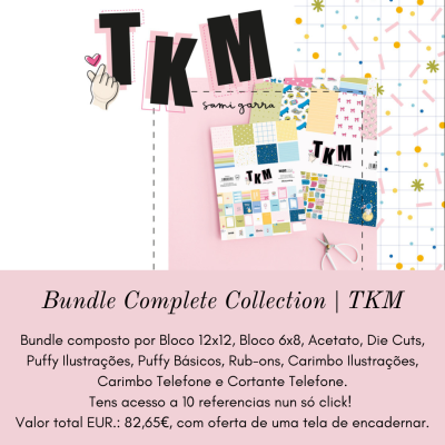 Conjunto papeleria TKM com blocos, acetato, recortes e carimbos em fundo rosa e quadriculado.