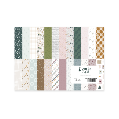 Conjunto de papéis decorativos variados com padrões festivos e texto 'December Vibes'.