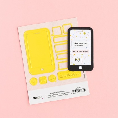 Cartão com recortes amarelos simulando smartphone e smartphone preto com texto em português