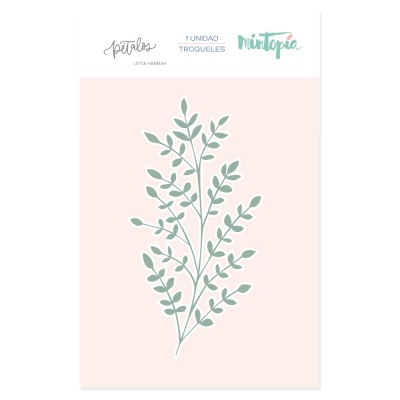 Folha decorativa verde claro em fundo rosa com embalagem branca e texto Mintopía