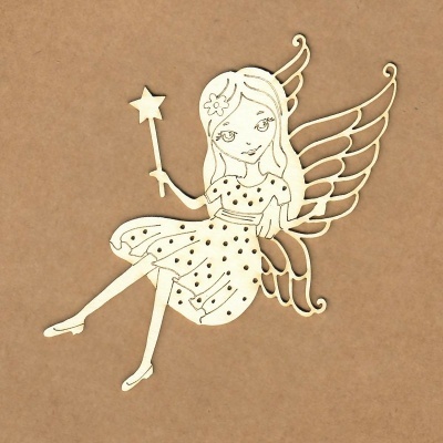 Figura decorativa de fada em madeira com vestido às bolinhas e asas