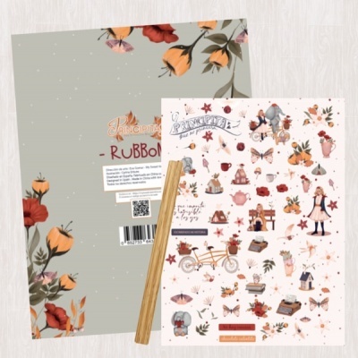 Papel decorativo e lápis com padrões florais e desenhos infantis