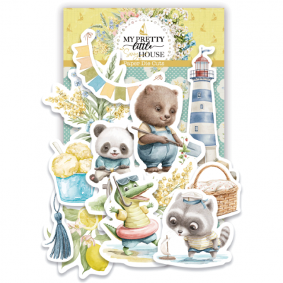 Recortes de papel com ilustrações de animais e objetos em tons pastéis