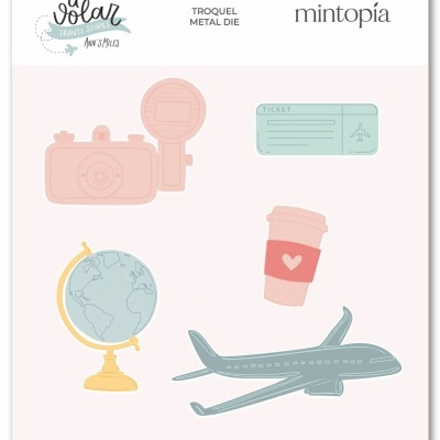 Conjunto recortes metálicos viagens Mintopía com câmera, bilhete, copo café, globo e avião