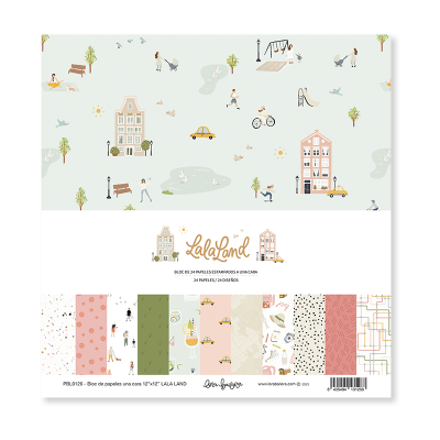 Bloco de papéis para scrapbooking com padrões de cidade e natureza em tons pastel