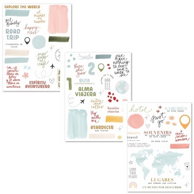 Folhas ilustradas com textos e desenhos coloridos sobre viagens, mapas e frases inspiradoras.