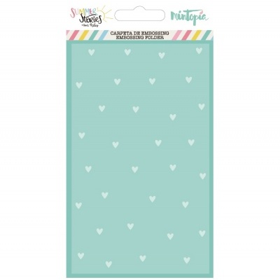 Carpeta embossing Mintopia verde água com corações brancos e embalagem com cabeçalho colorido