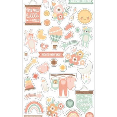 Folha de autocolantes chipboard com motivos de bebé e texto em cores pastel