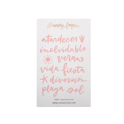 Cartão branco com texto e símbolos em rosa e dourado