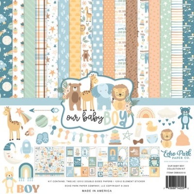 Papel decorativo para scrapbook com padrões infantis de animais e texto Nosso Bebé Rapaz