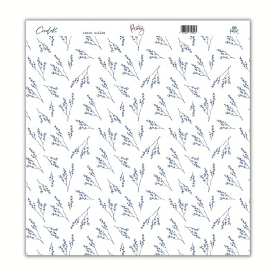 Folha de papel de embrulho com padrão de raminhos azuis e texto no topo