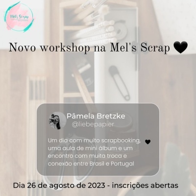 Cartaz promocional sobre workshop de scrapbooking com texto promocional e fundo de materiais de scrapbook