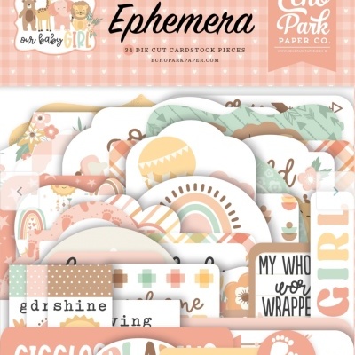 Conjunto de ephemera para bebé com desenhos de animais, arco-íris e textos em tons pastel, em embalagem da Echo Park Paper Co