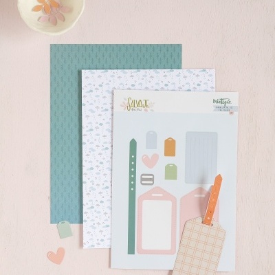 Folhas de papel decorativo e etiquetas recortáveis com padrão, embalagem e um pequeno prato com pétalas em tons pastel
