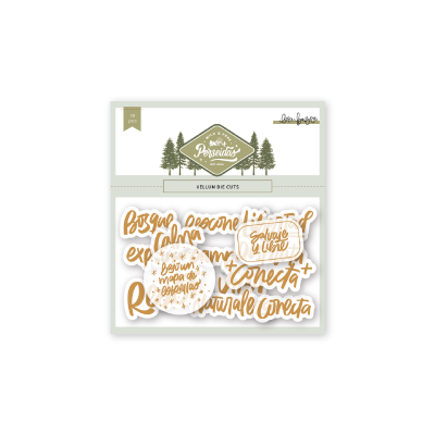 Die cuts para scrapbooking com frases em português e embalagem branca e verde.