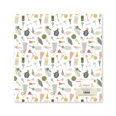 Papel decorativo com padrão de chaveiros e chaves vintage em várias cores