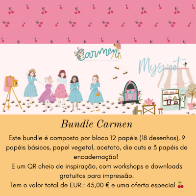 Promoção bundle Carmen com ilustrações de mulheres, objetos vintage, e texto informativo sobre papéis para scrapbook