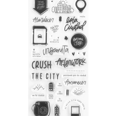 Autocolantes transparentes com textos e desenhos urbanos em preto