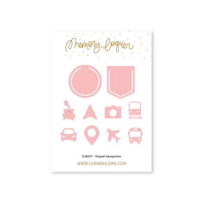 Cartão branco com ícones cor-de-rosa de transporte e texto dourado e preto