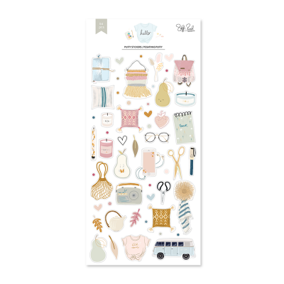 Conjunto de autocolantes com objetos em tons pastéis e desenhos variados.