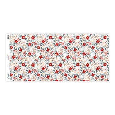 tecido com padrão floral vermelho, laranja, cinza e verde