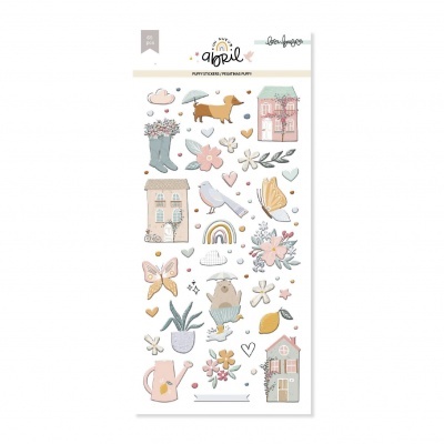 Folha de autocolantes decorativos pastel com casas, cães, flores e elementos da natureza