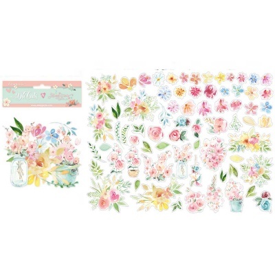 Conjunto de autocolantes florais coloridos e embalagem com texto em inglês