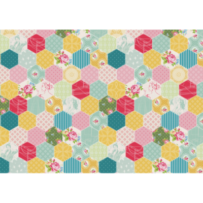 Pano tecido colorido com padrão de hexágonos e motivos florais e geométricos.