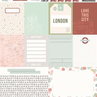 Folha decorativa temática de Londres com textos, mapa, ícones e espaços para anotações
