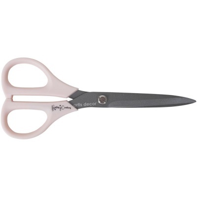 Tesoura com cabo rosa claro e lâminas cinza com texto