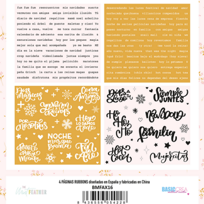 Quatro páginas de rótulos decorativos para presentes com textos em espanhol em fundos amarelo e branco