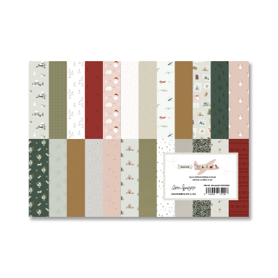 Folhas de papel de scrapbooking com diversas estampas e etiqueta