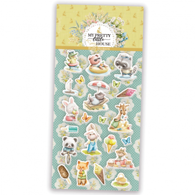 Pacote de autocolantes em relevo com desenhos de animais e elementos coloridos em fundo azul e amarelo.