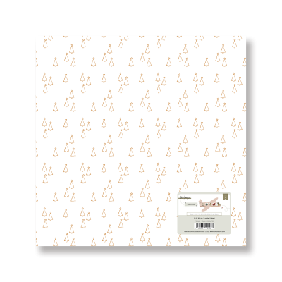 Embalagem branca com padrão dourado de triângulos e etiqueta com código de barras