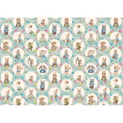 Padrão repetido de círculos com ilustrações de animais antropomórficos em roupas vintage numa superfície azul clara.