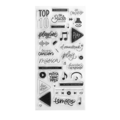 Autocolantes transparentes com símbolos e palavras relacionadas com música em preto