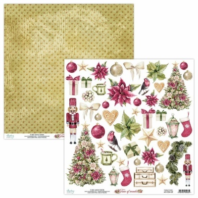 Papel de scrapbook natalício com padrões dourados e ilustrações de árvores de Natal, bolas, presentes e soldadinho.