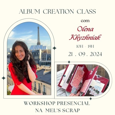 Anúncio para workshop de criação de álbuns com foto da instrutora e álbum decorado.