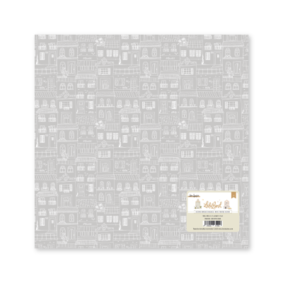 Papel de embrulho cinza com casas desenhadas em branco e etiqueta branca