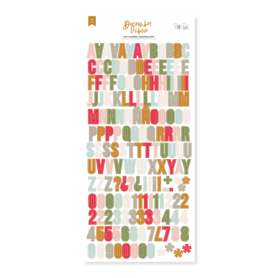 Folha de autocolantes coloridos com letras e números em várias cores e padrões