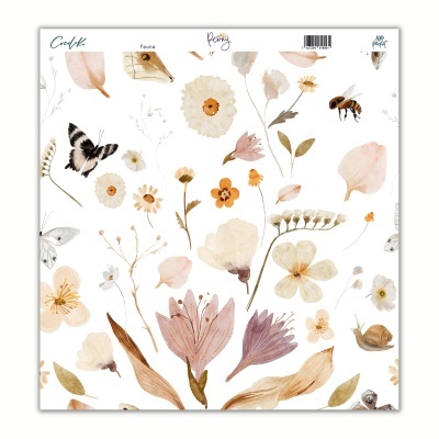 Papel decorativo com padrão de flores e insetos aquarelados em tons pastel sobre fundo branco