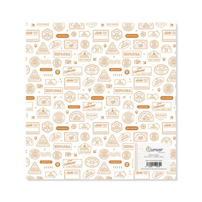 Folha de papel decorativo com padrão de frases e ícones de viagem em tons castanhos claros