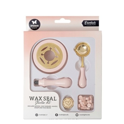 Kit Starter para selo de cera com base, maçaneta, colher e pellets de cera em embalagem