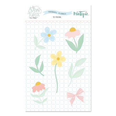 Recortes em papel de flores coloridas e laço, embalagem com texto